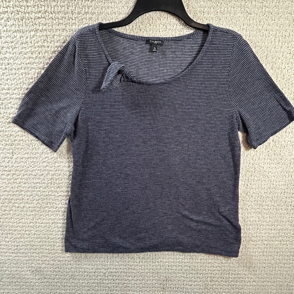 Talbots Petite Top Blue White Dotted Short Sleeve Tie Detail
